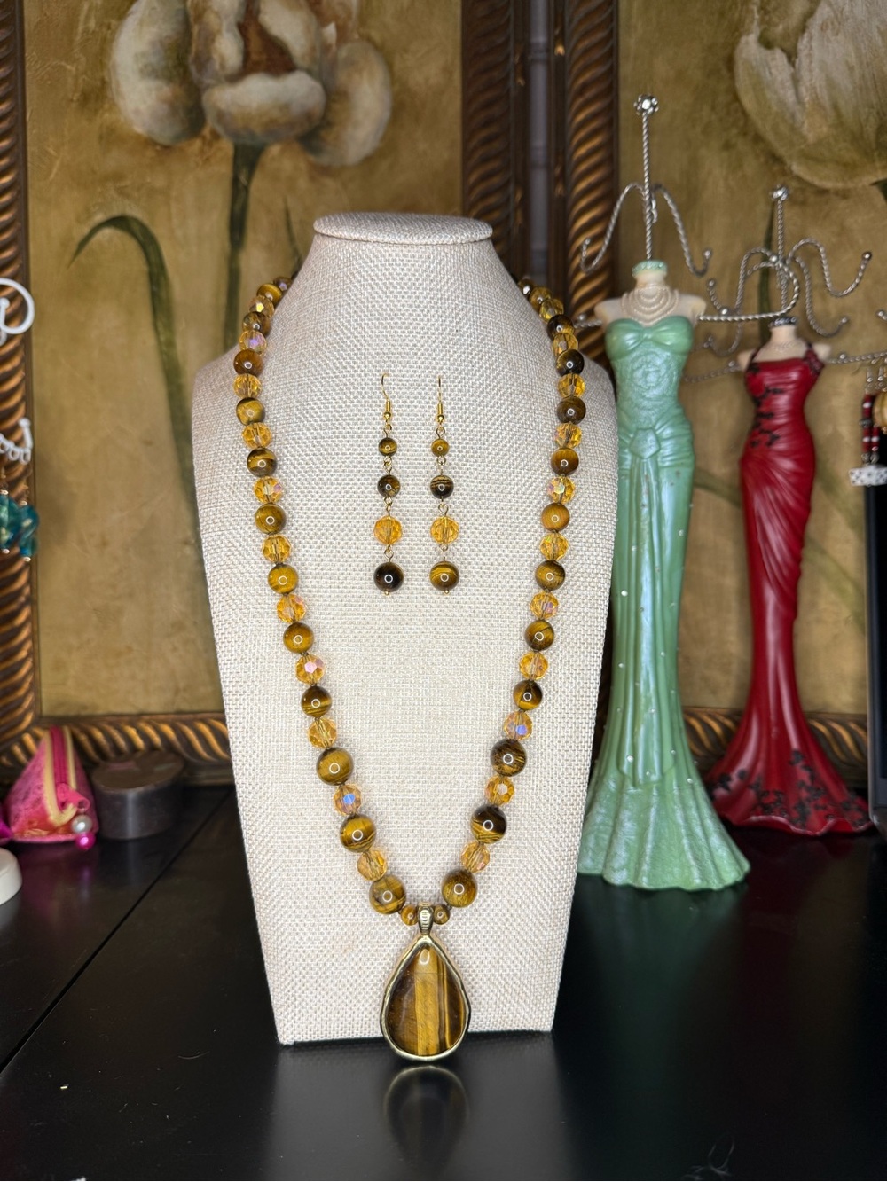 Handmade Tigers eye and Champagne Crystal Earrings and Necklace Set